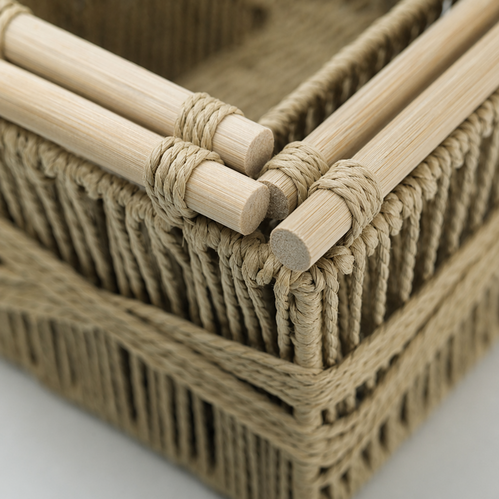 Light brown rattan woven storage basket set for home living room and bedroom organization and storage Application Scenario