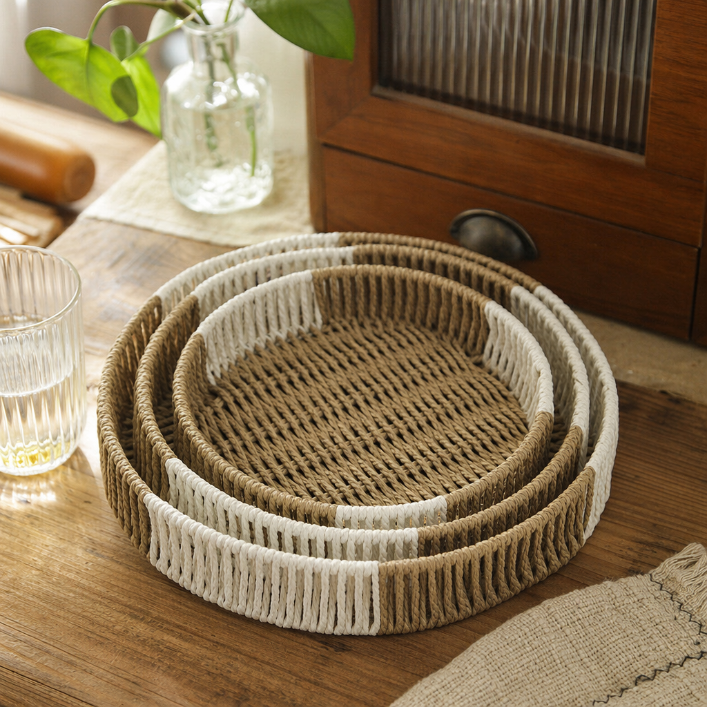 Beige and brownish woven round tray set details Picture