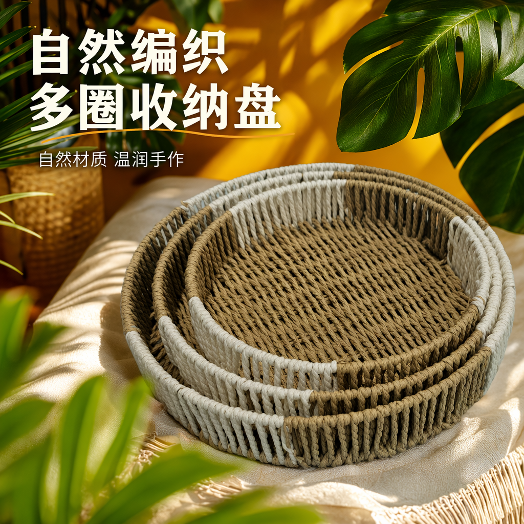 Beige and brownish woven round tray set Specification image
