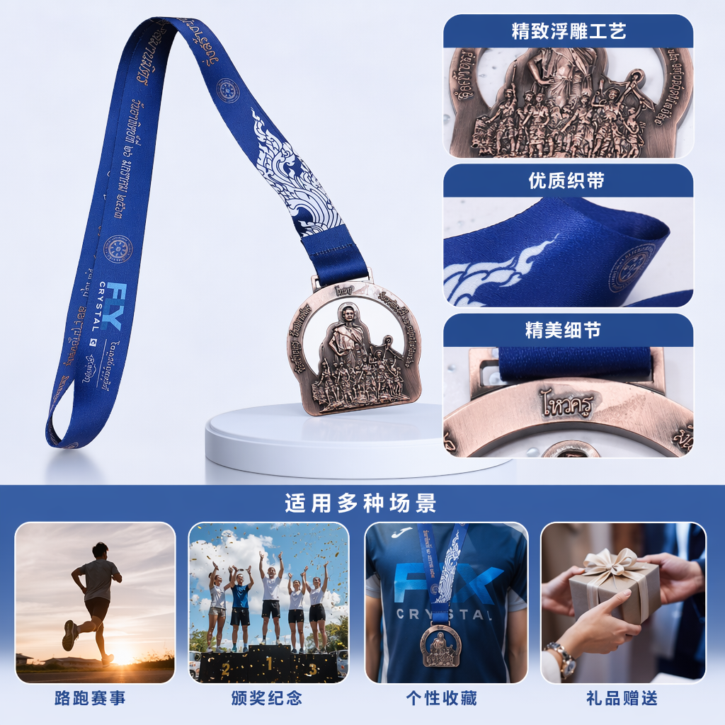 蓝色挂绳铜色圆形奖牌 浮雕人物人群图案 泰文二维码FLY CRYSTAL