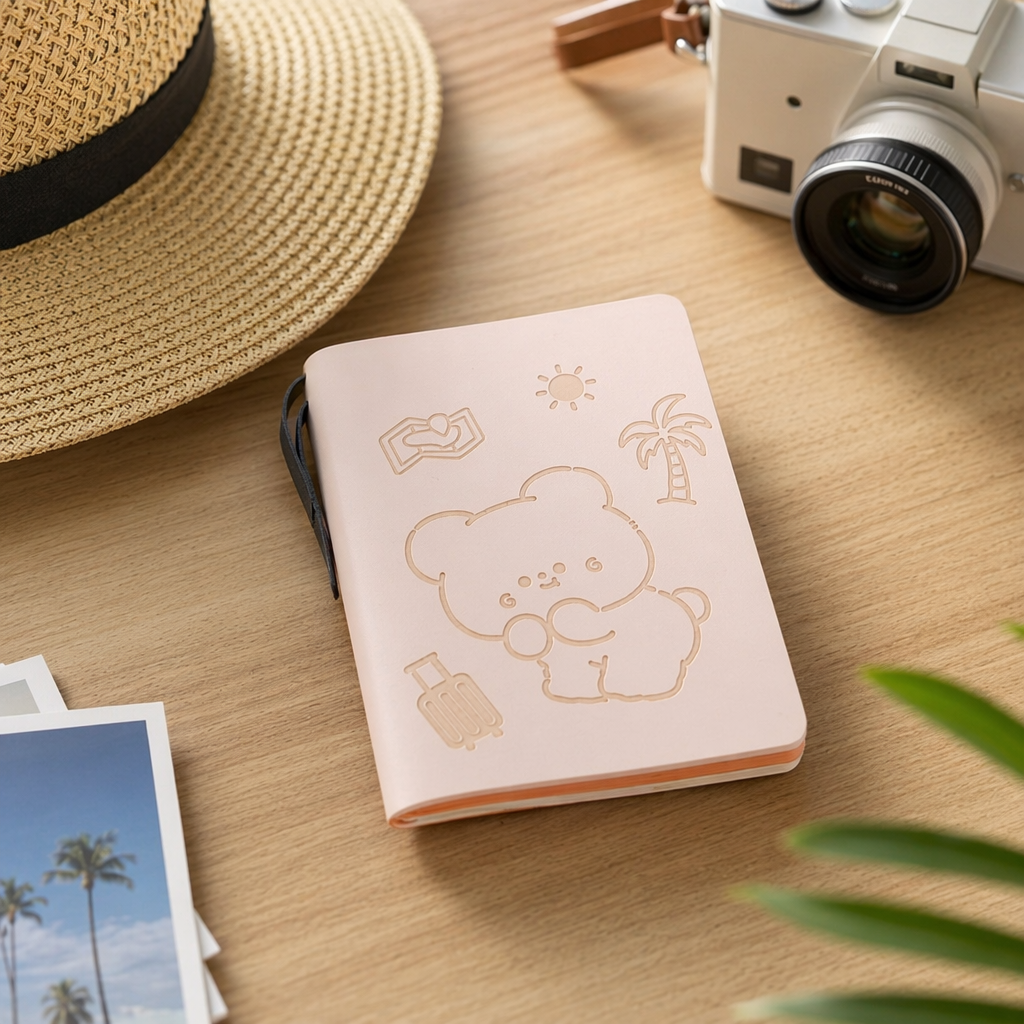 Pink bear travel-themed notebook for students, A5-sized paper inner page portable record book details Picture