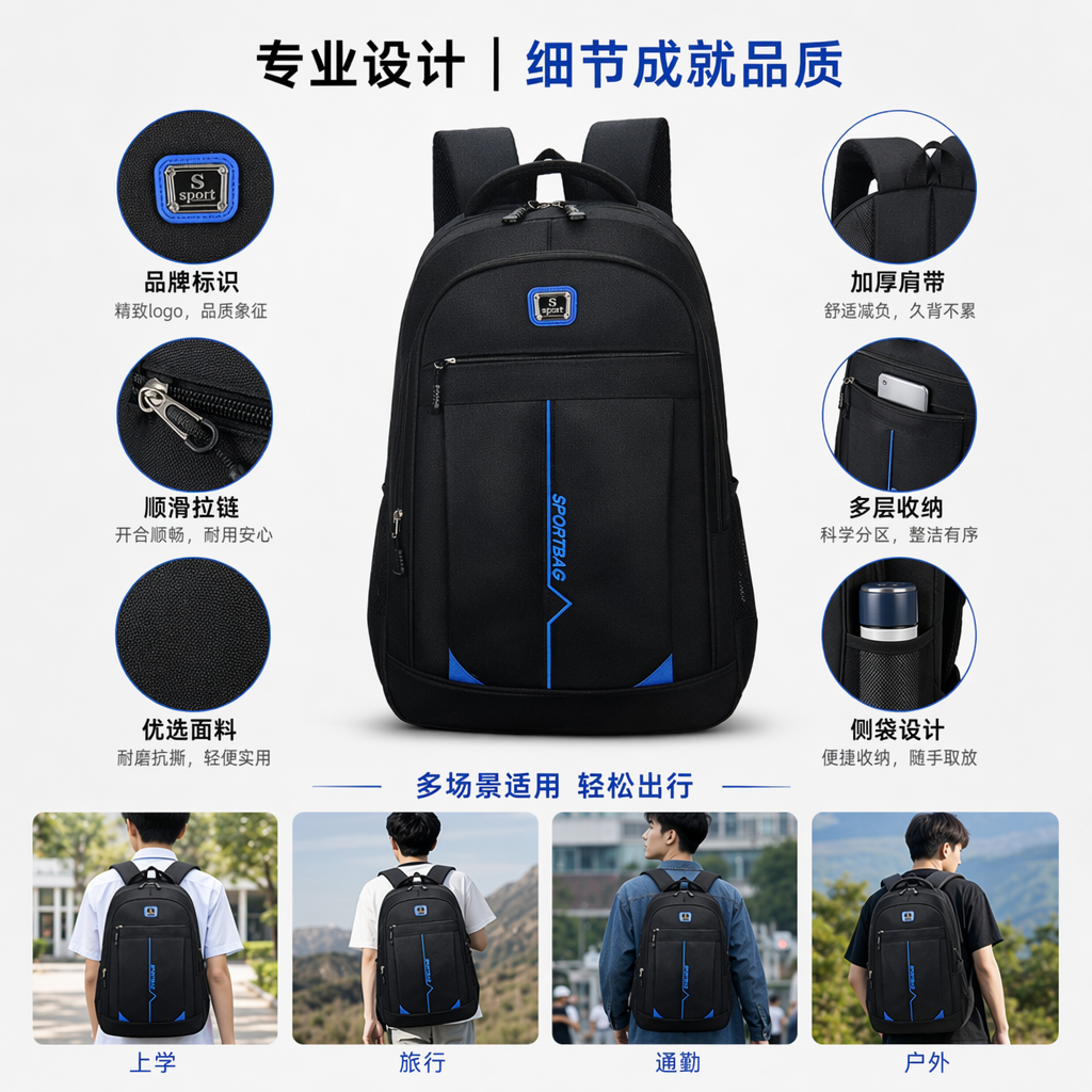 黑色双肩包耐磨尼龙大容量通勤休闲背包