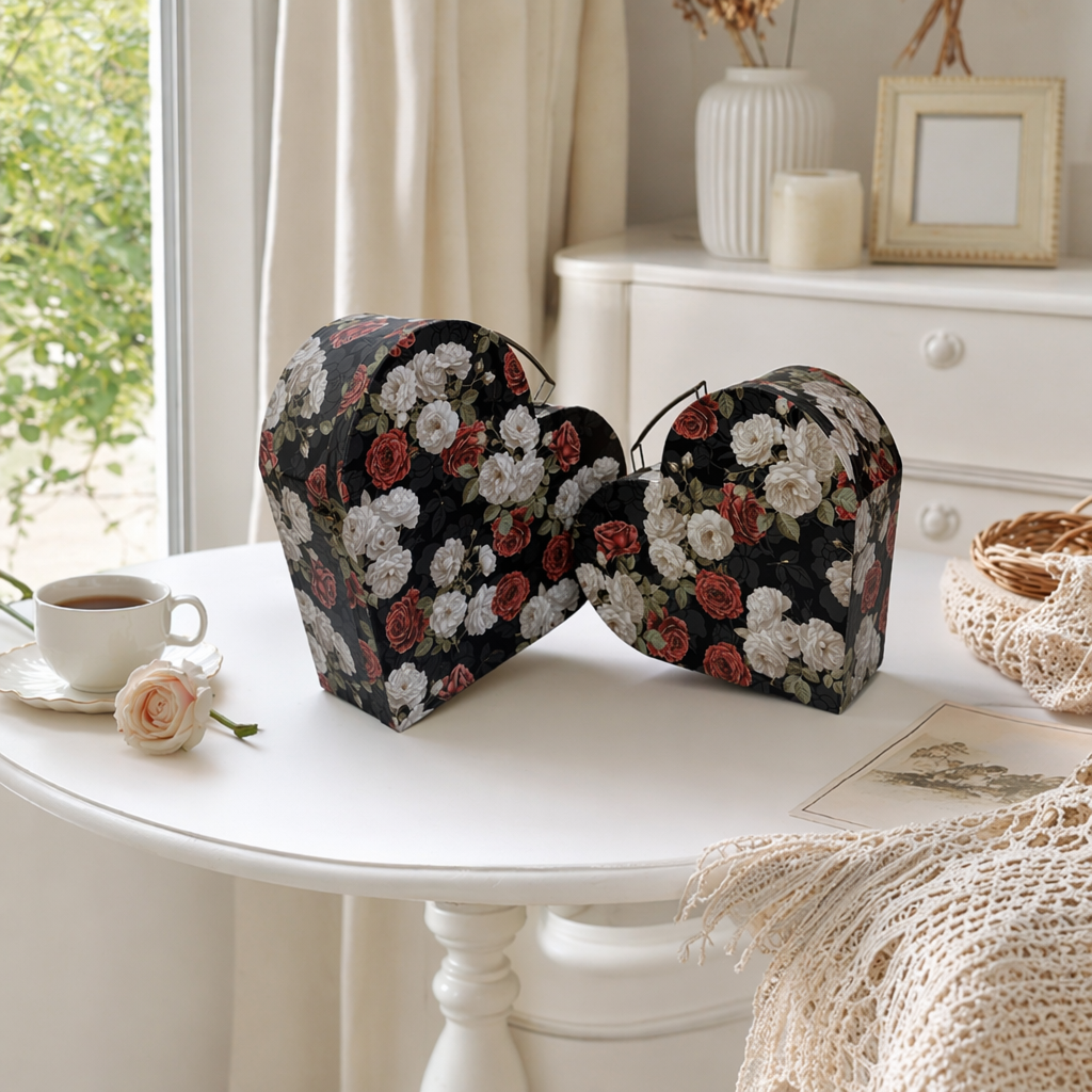 Black rose floral pattern heart-shaped gift box, fashionable and simple festival gift packaging box details Picture