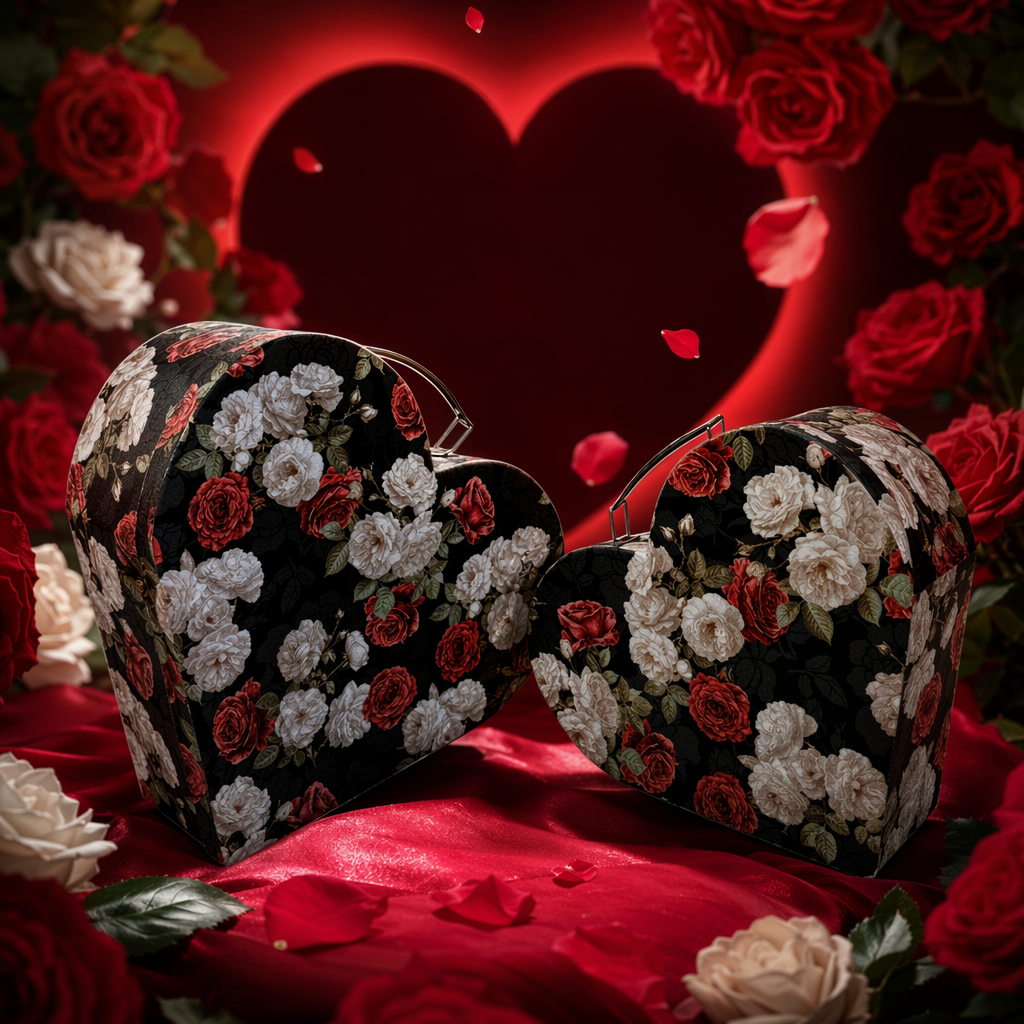 Black rose floral pattern heart-shaped gift box, fashionable and simple festival gift packaging box Specification image