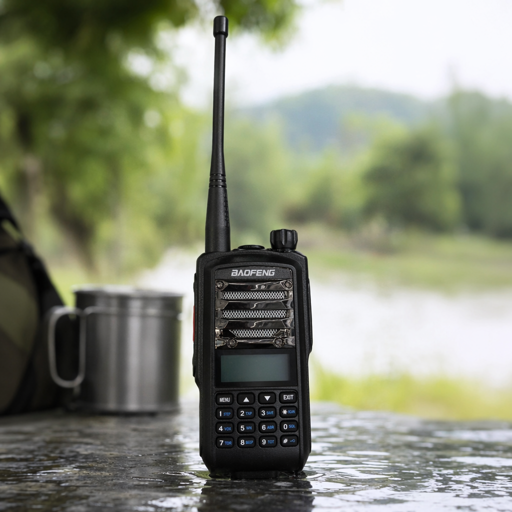 The Baofeng BF-E51 black walkie-talkie is a professional wireless communication device that is waterproof, shockproof and has a long battery life details Picture