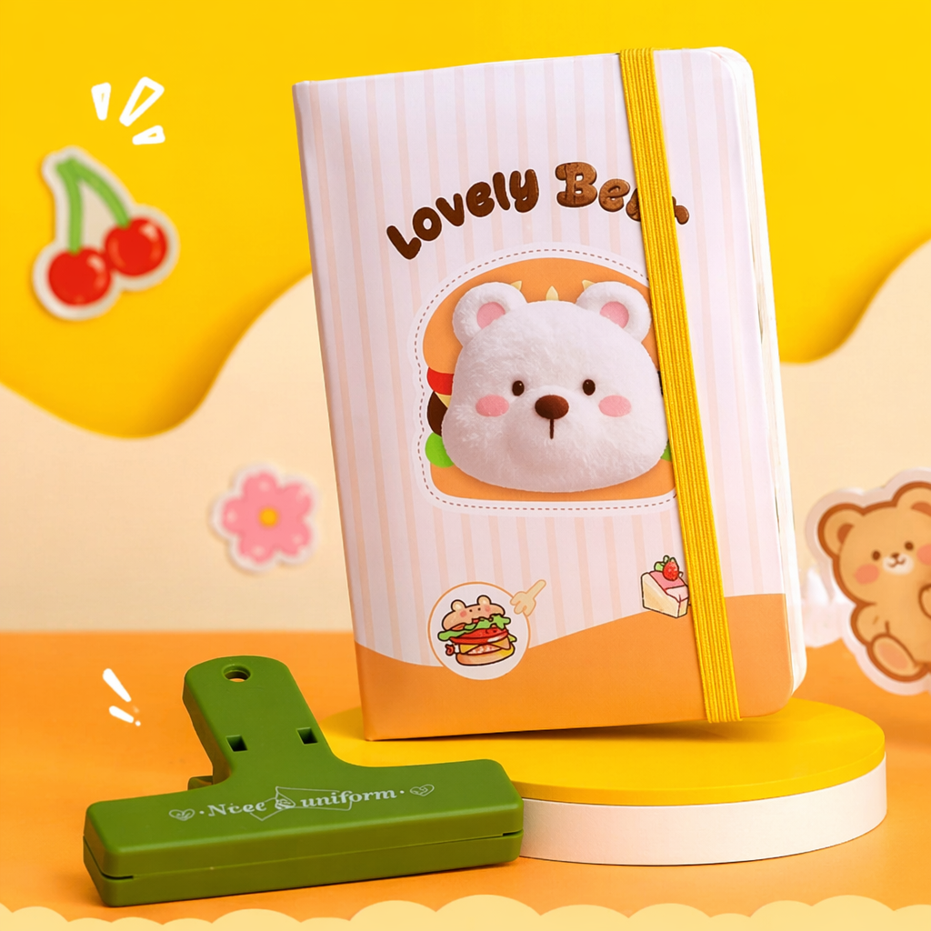 A simple student notebook with a striped cover and a bear pattern Specification image