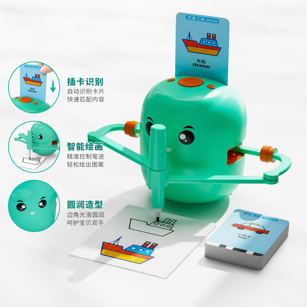绿色卡通机器人带机械臂绘图笔绘制轮船图案配steamer taxi卡片