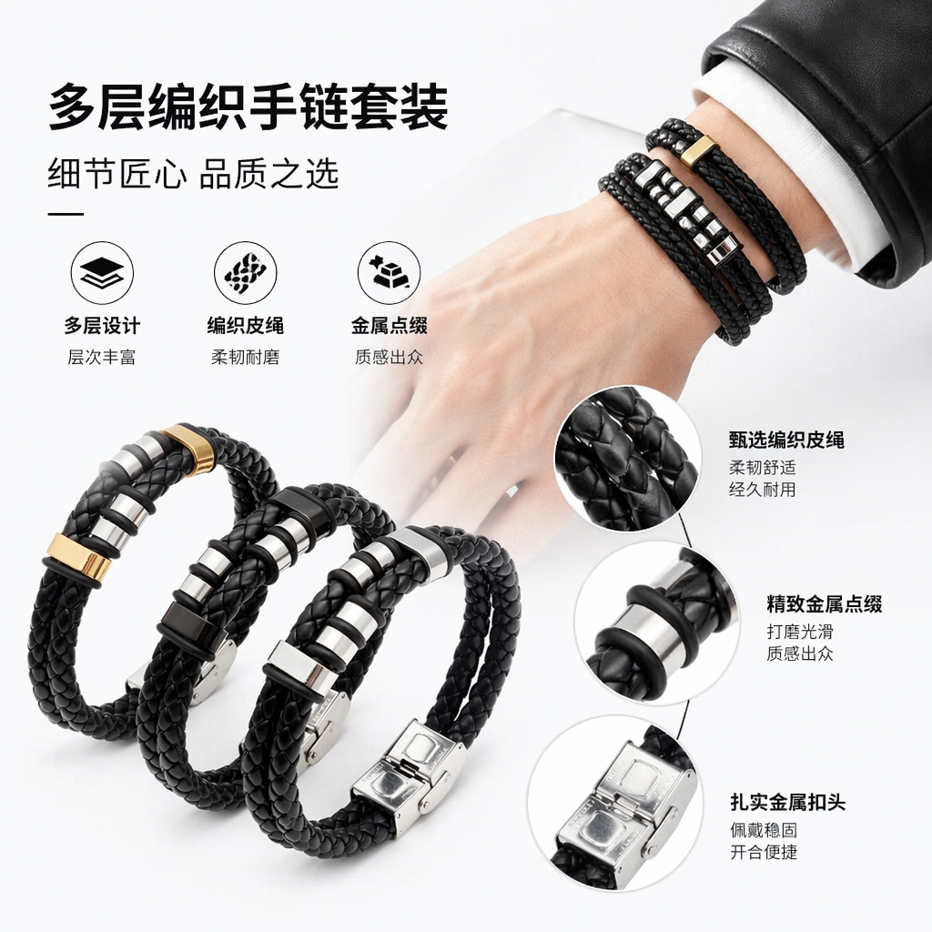 The black woven rope bracelet with a metal decorative clasp is fashionable and simple, suitable for both men and women