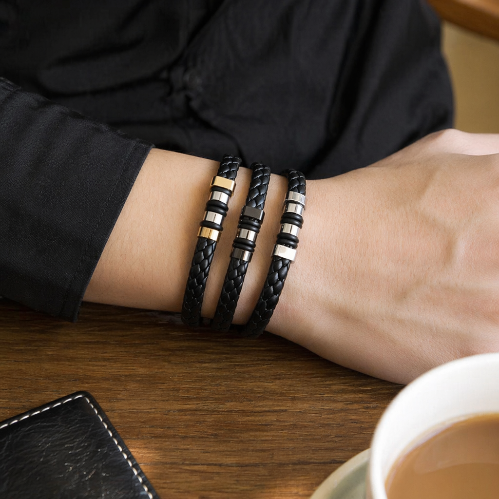 The black woven rope bracelet with a metal decorative clasp is fashionable and simple, suitable for both men and women details Picture