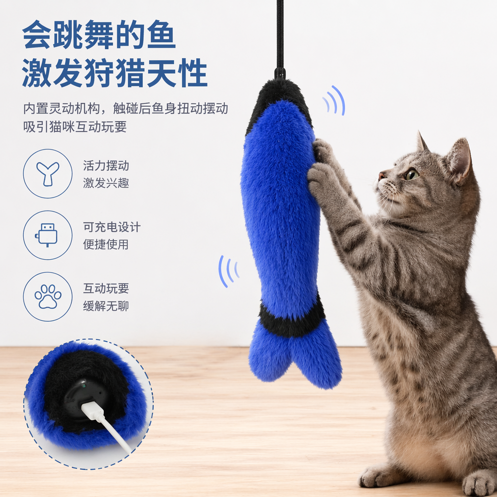 蓝色猫咪毛绒玩具可爱逗猫棒互动宠物玩具