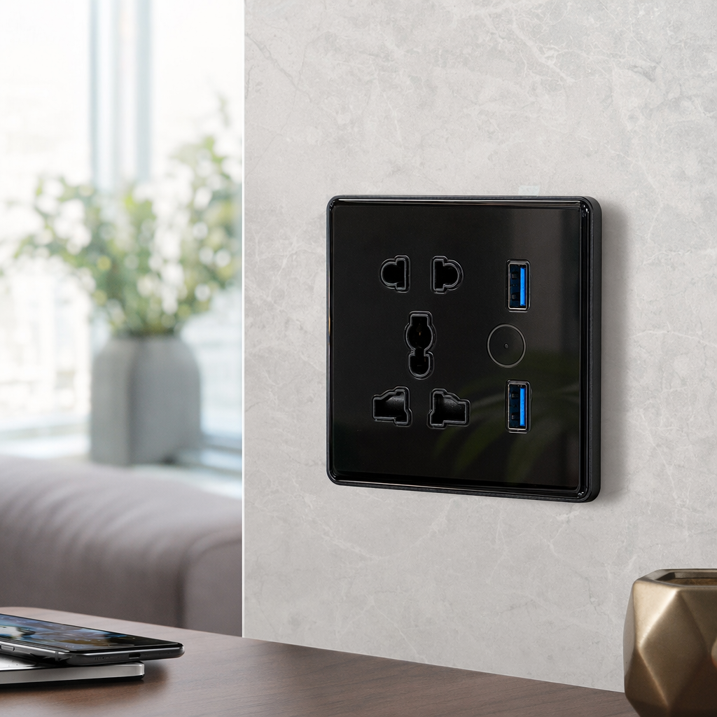 The LINIER smart switch is a multi-functional 5-port + dual USB home wall switch that supports HomeKit, matter, Mi Home and other software for export details Picture