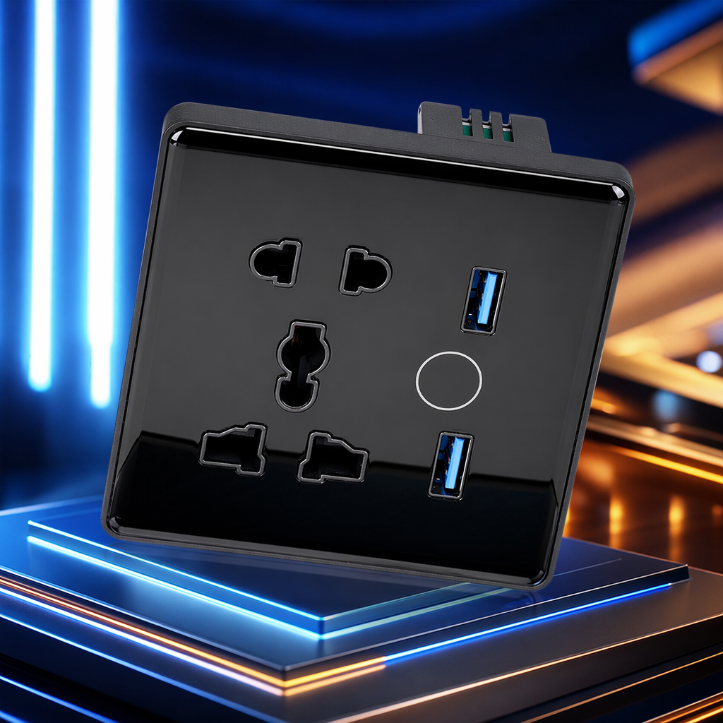 The LINIER smart switch is a multi-functional 5-port + dual USB home wall switch that supports HomeKit, matter, Mi Home and other software for export Specification image