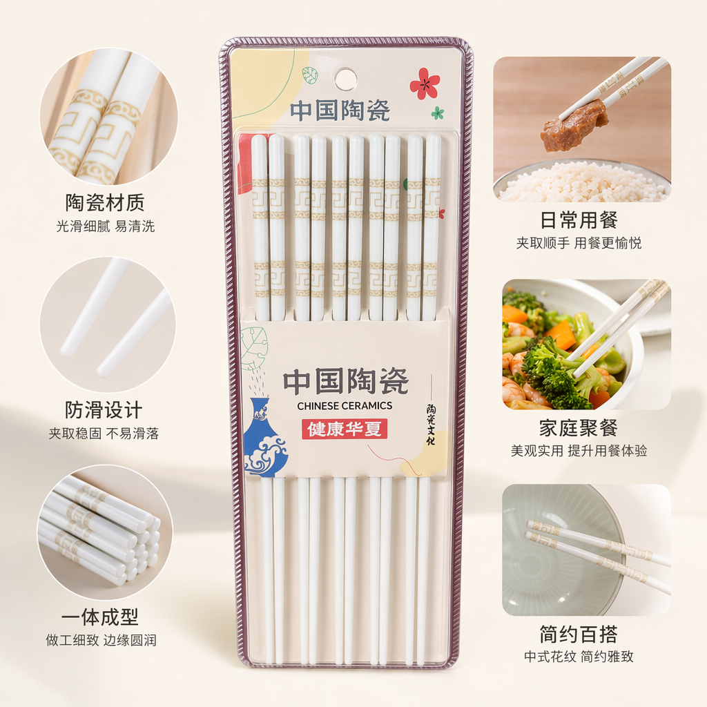 白色陶瓷筷子套装 家用防滑耐高温简约风餐具礼盒
