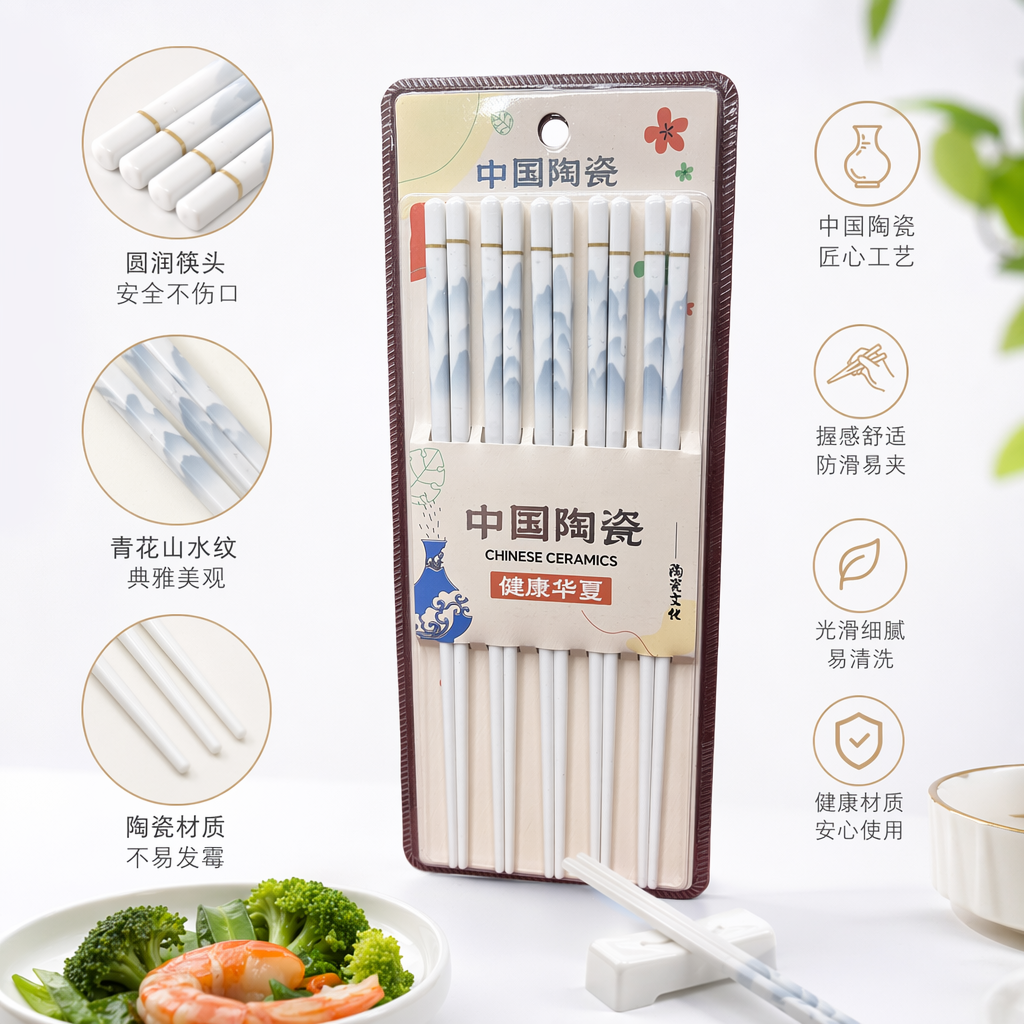 白色陶瓷筷子套装 精美防滑家用环保餐具礼盒装