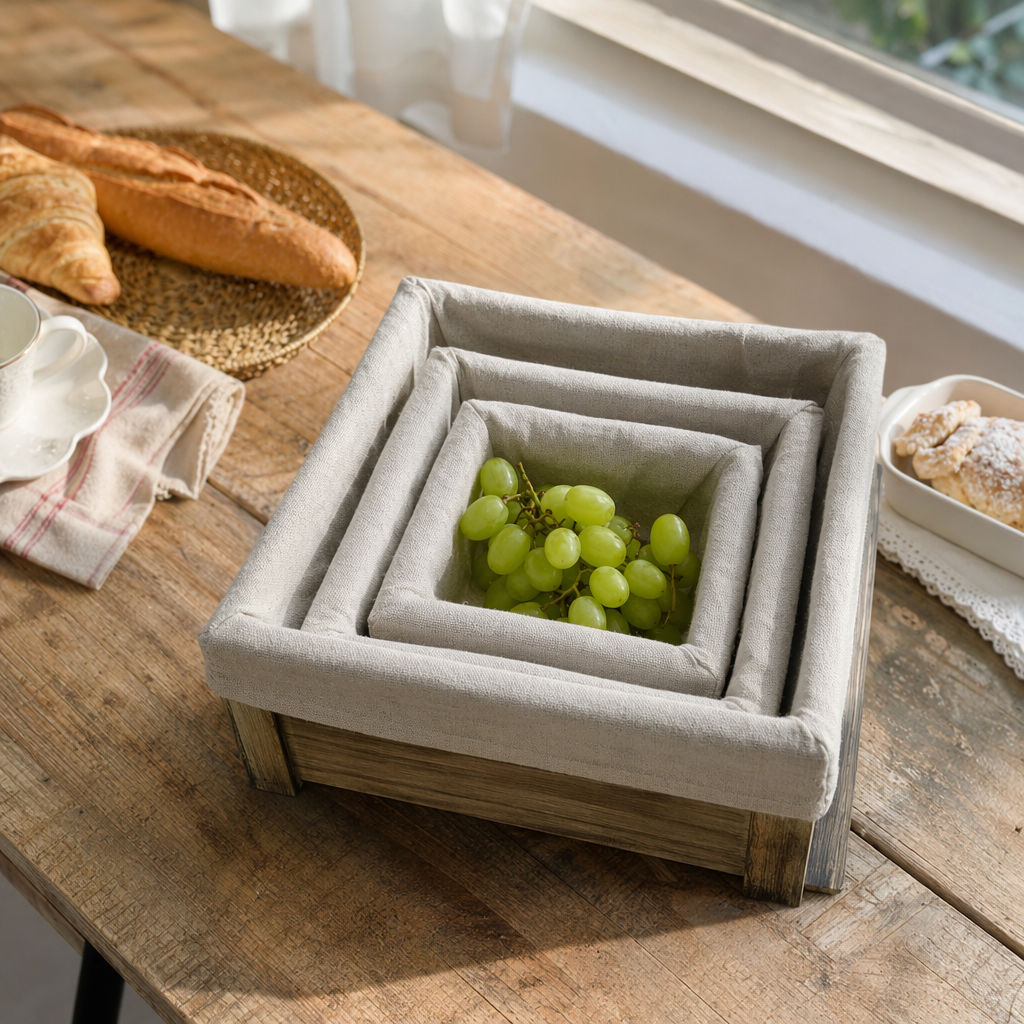 A light-colored fabric nested storage basket with a wooden base for home organization and storage box details Picture
