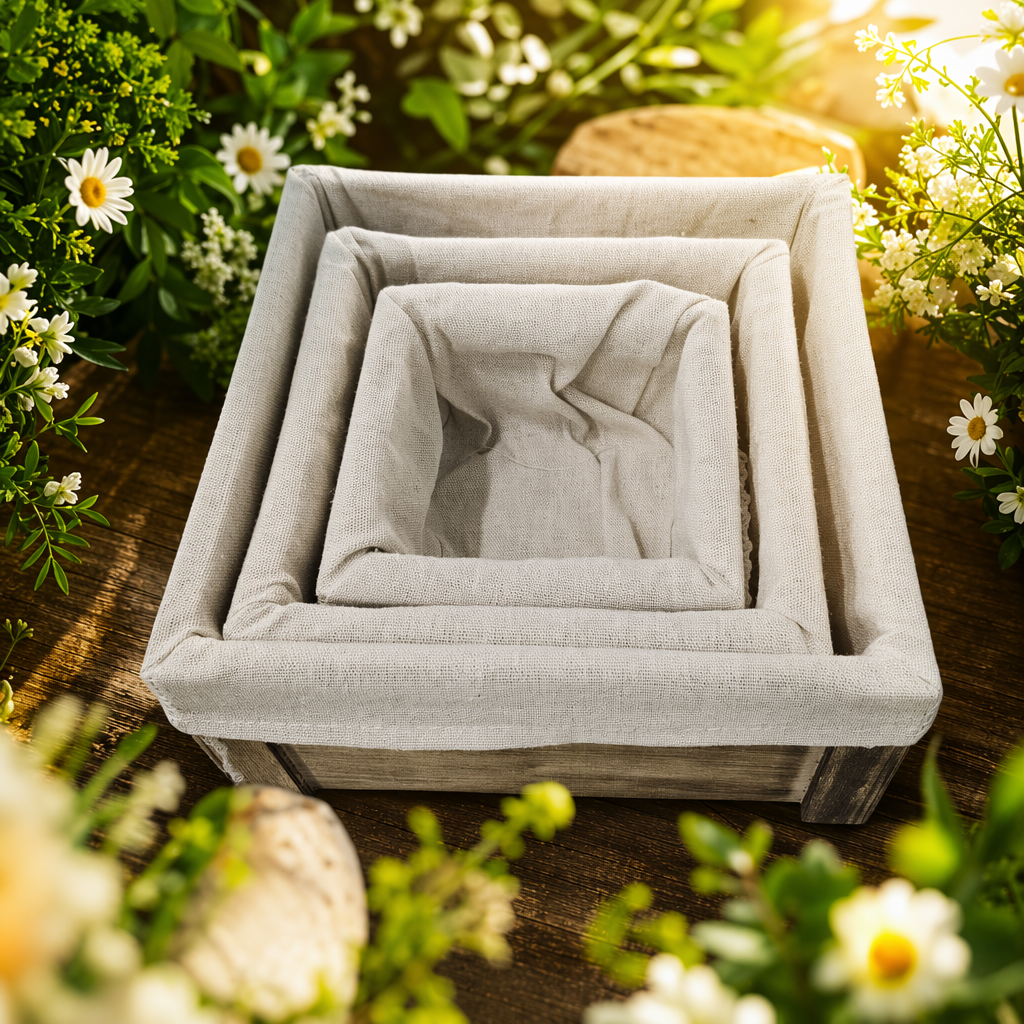 A light-colored fabric nested storage basket with a wooden base for home organization and storage box Specification image
