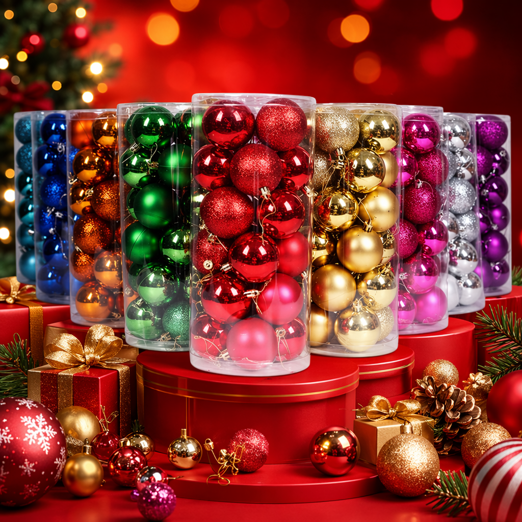 Colorful Christmas ball decorations, festive atmosphere hanging ornaments, glass and metal texture Specification image
