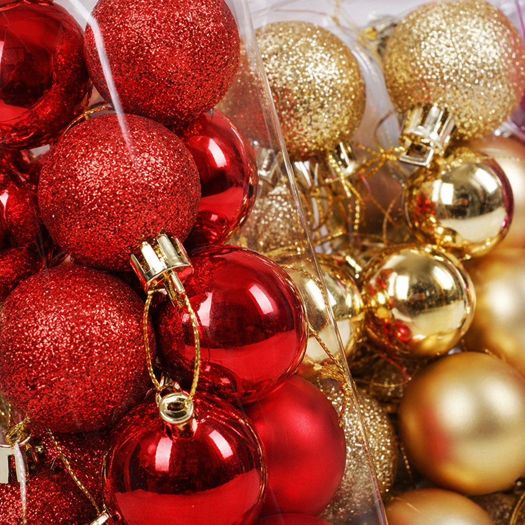 Colorful Christmas ball decorations, festive atmosphere hanging ornaments, glass and metal texture Application Scenario