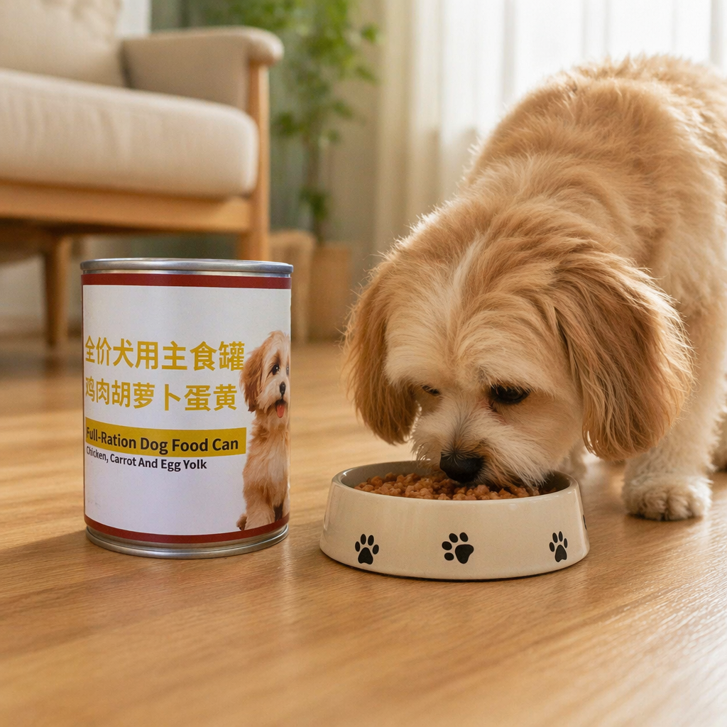 The silver dog food can is printed with a puppy pattern on its body and contains egg yolks details Picture