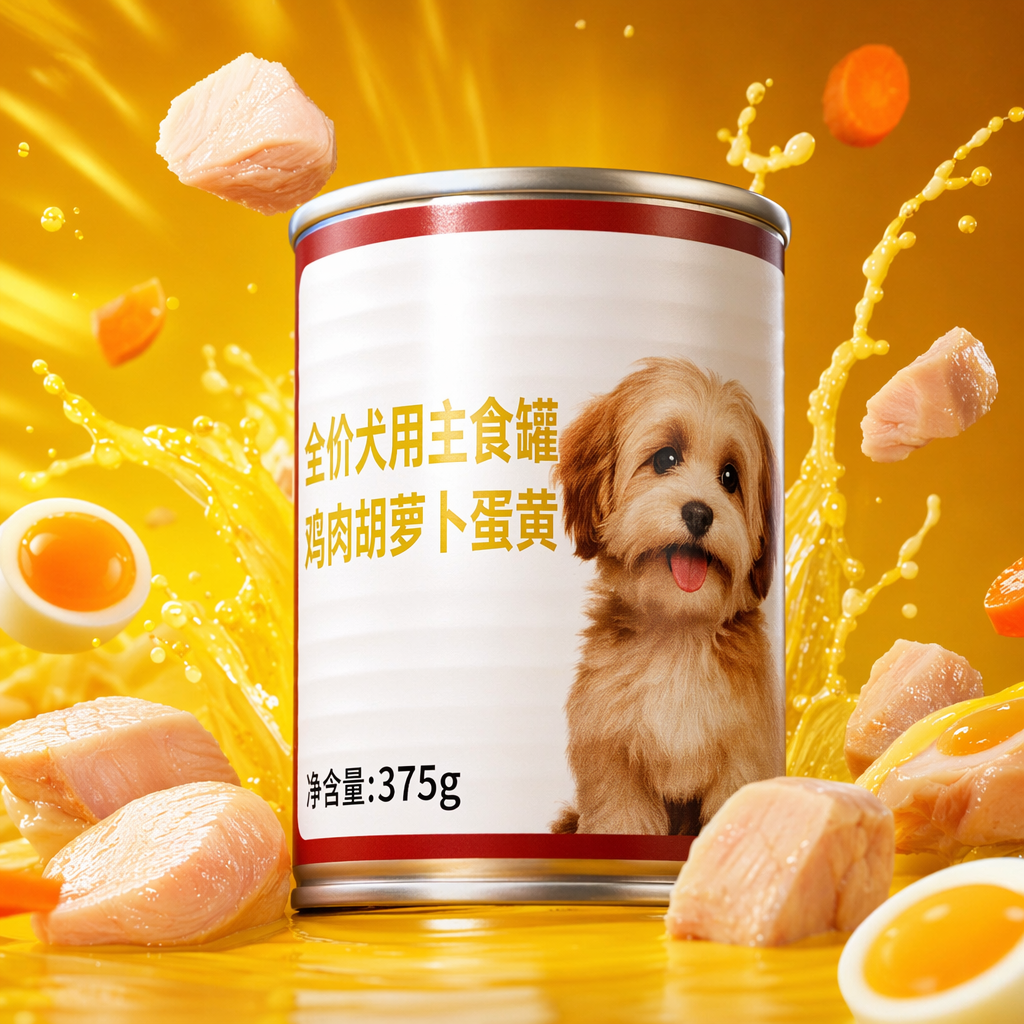 The silver dog food can is printed with a puppy pattern on its body and contains egg yolks Specification image