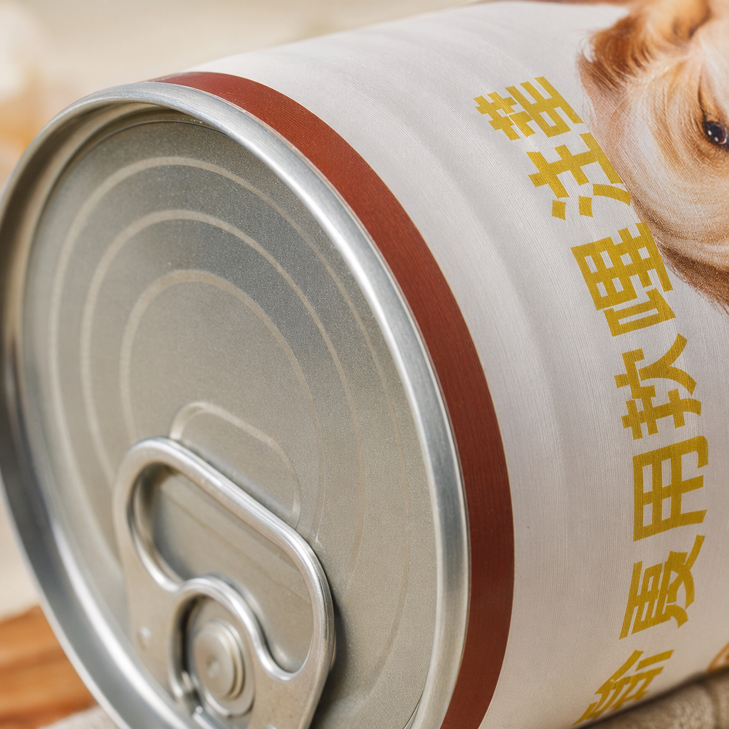 The silver dog food can is printed with a puppy pattern on its body and contains egg yolks Application Scenario