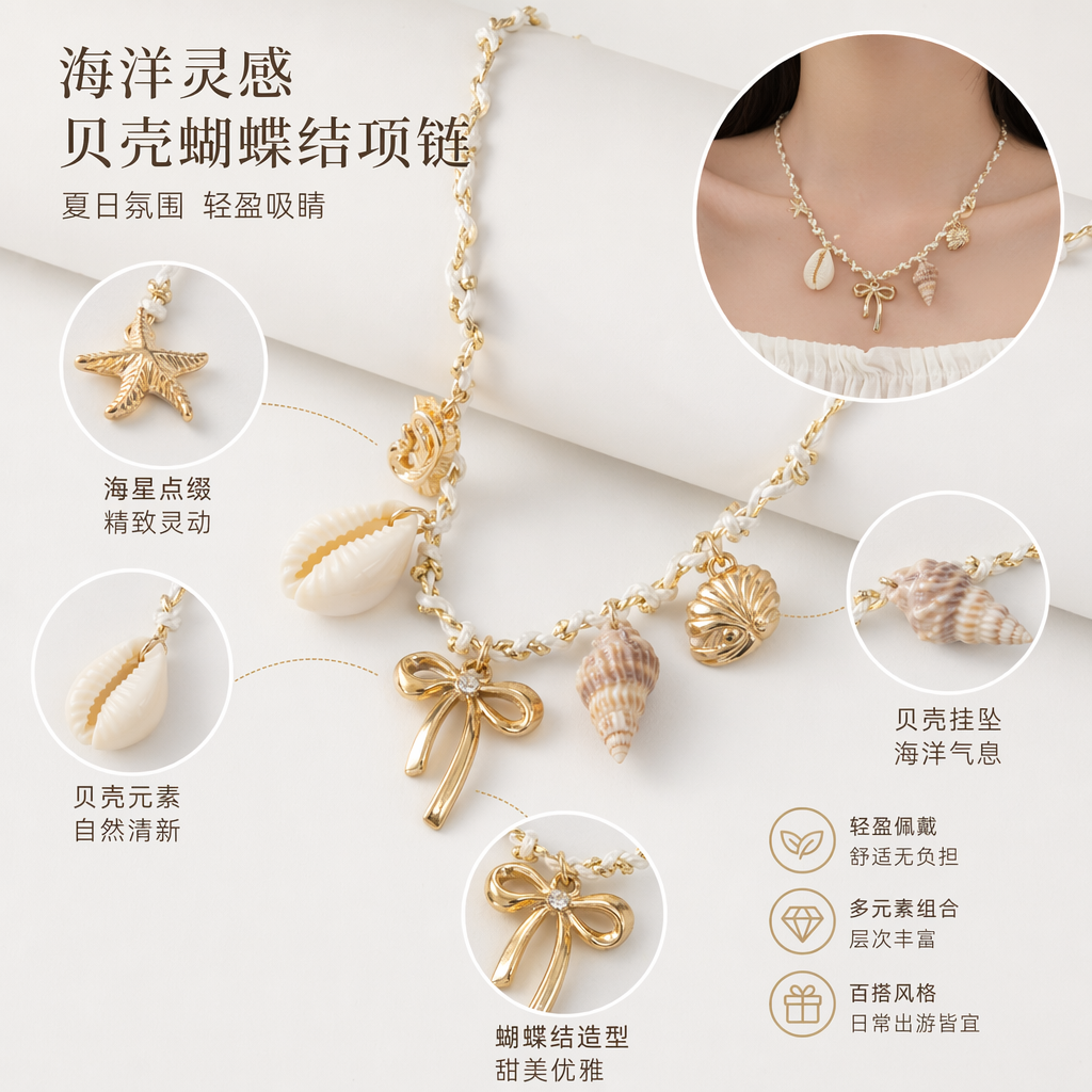 金色海星贝壳蝴蝶结项链女士轻奢锁骨链