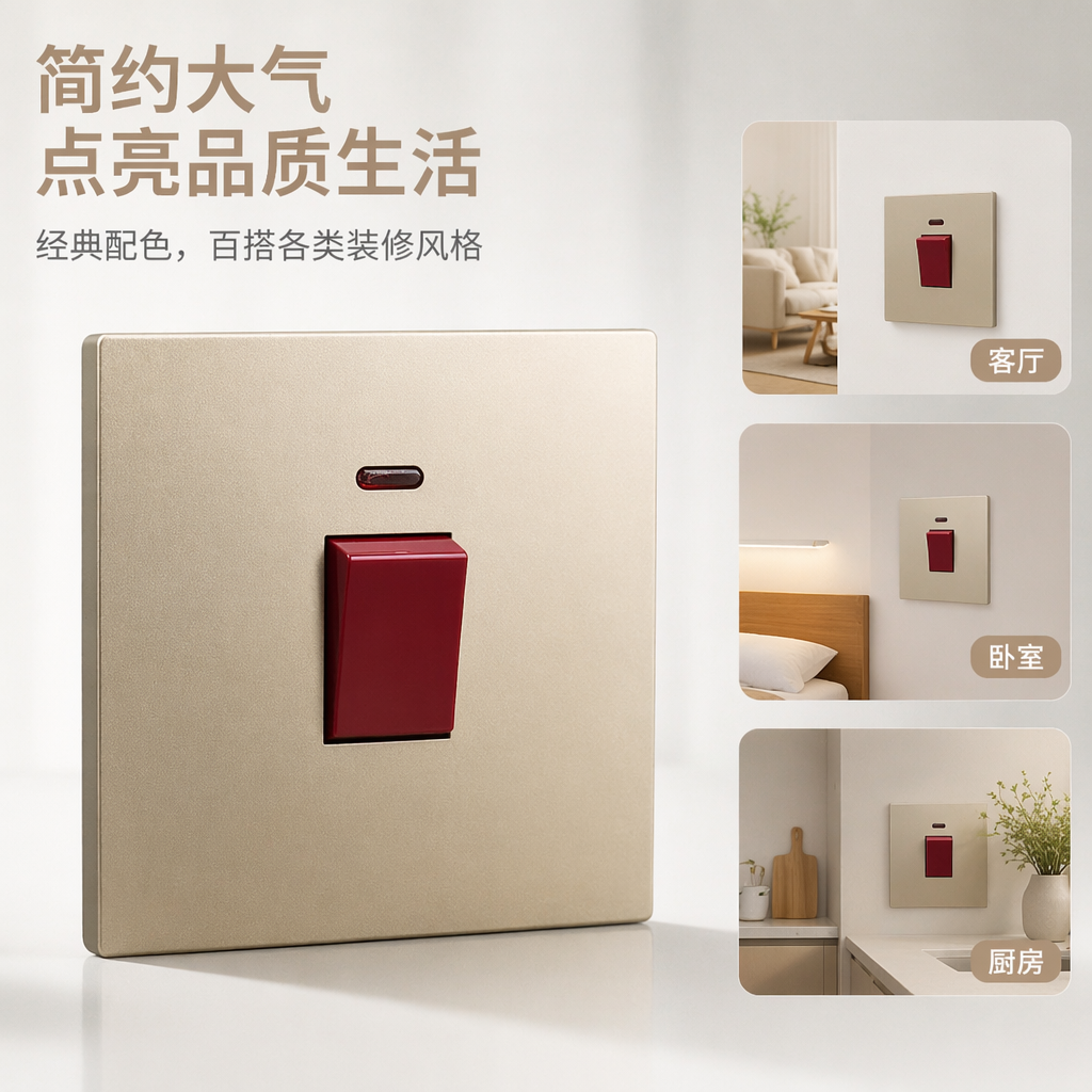 T6金色20A墙壁开关 面板配红色开关 设计简约 出口