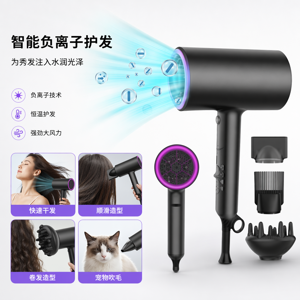 黑色吹风机及配件 家用负离子速干静音大功率风筒套装