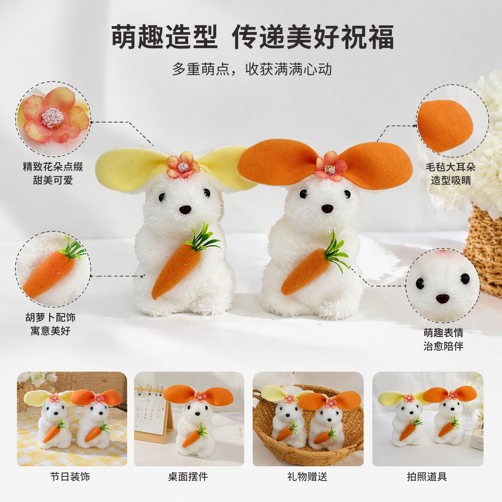 复活节白色毛绒兔子玩偶 可爱软萌抱枕毛绒玩具家居装饰