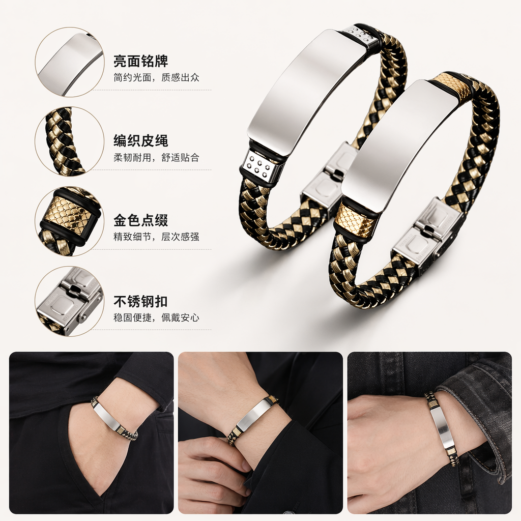The black and gold woven bracelet is fashionable, versatile and light luxury, suitable for both men and women