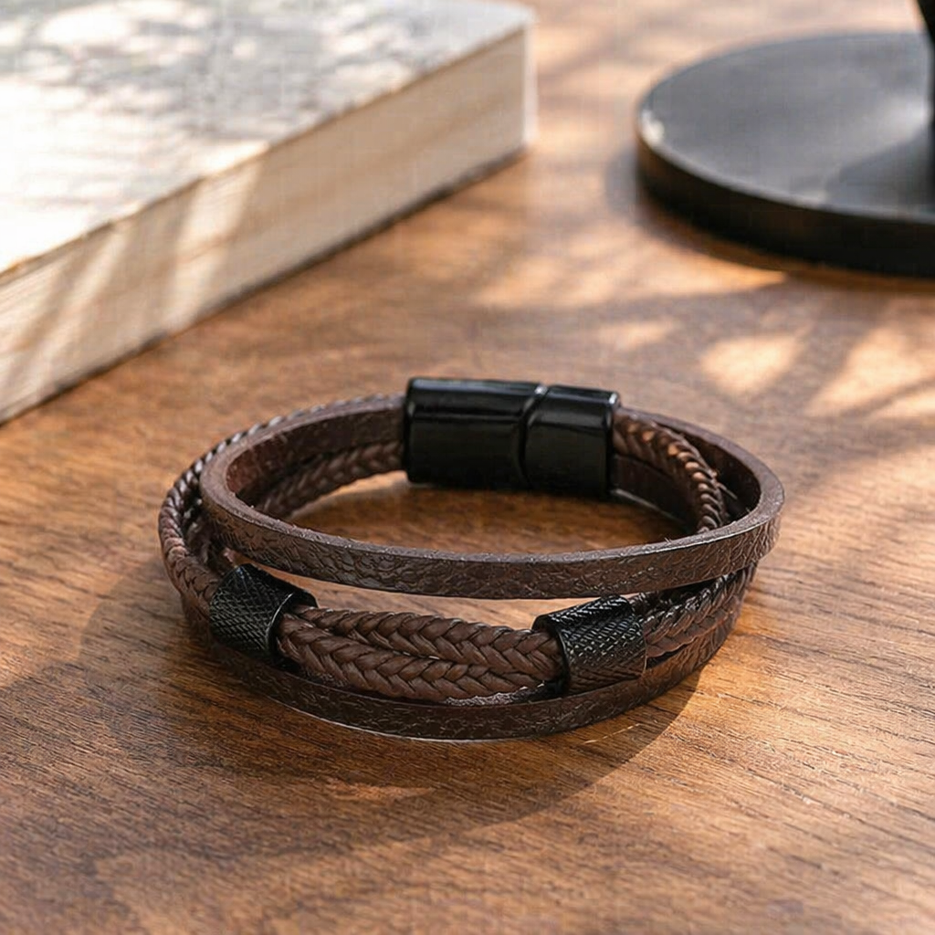 A brown woven leather bracelet is a simple, fashionable and versatile accessory for women details Picture