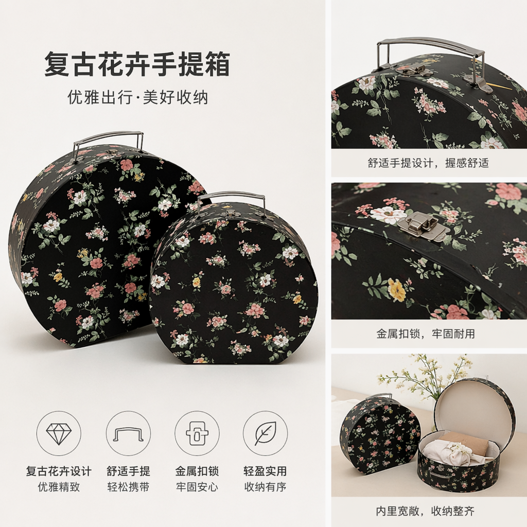 A fashionable and lightweight travel storage case with a black floral pattern round suitcase