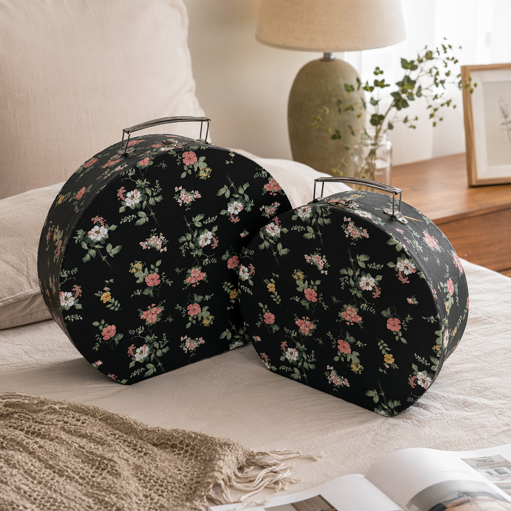A fashionable and lightweight travel storage case with a black floral pattern round suitcase details Picture