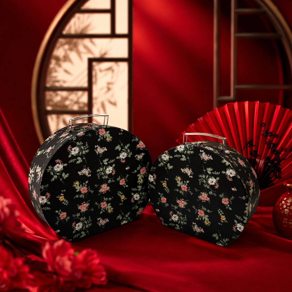 A fashionable and lightweight travel storage case with a black floral pattern round suitcase Specification image