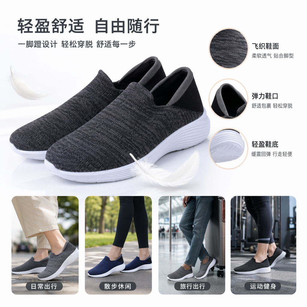 蓝灰黑三色针织无鞋带休闲鞋