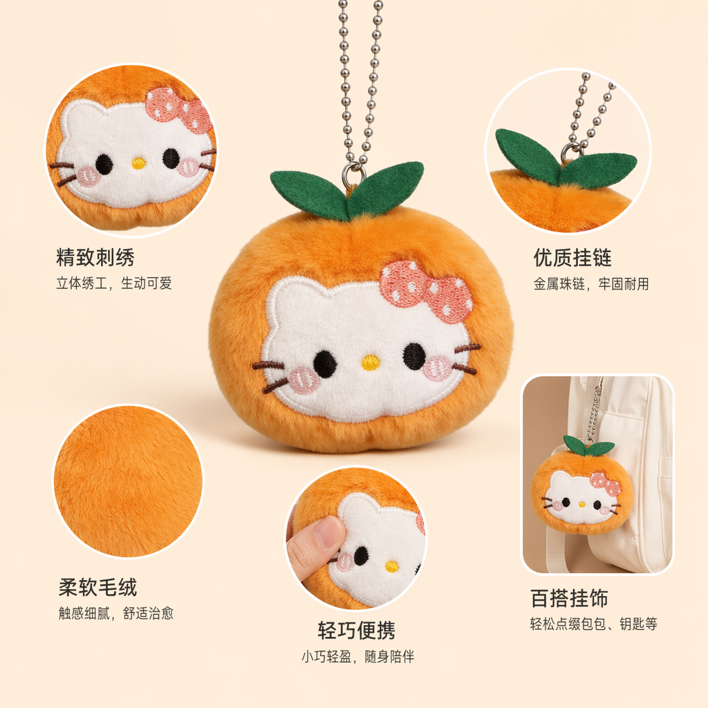 橙色毛绒橘子造型Hello Kitty挂件带粉色蝴蝶结