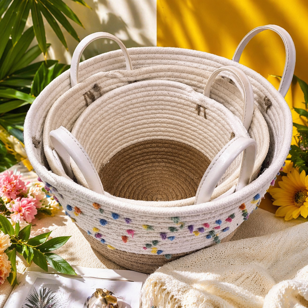 White woven basket set, home storage basket, multi-functional storage basket, Nordic-style living room and bedroom Specification image