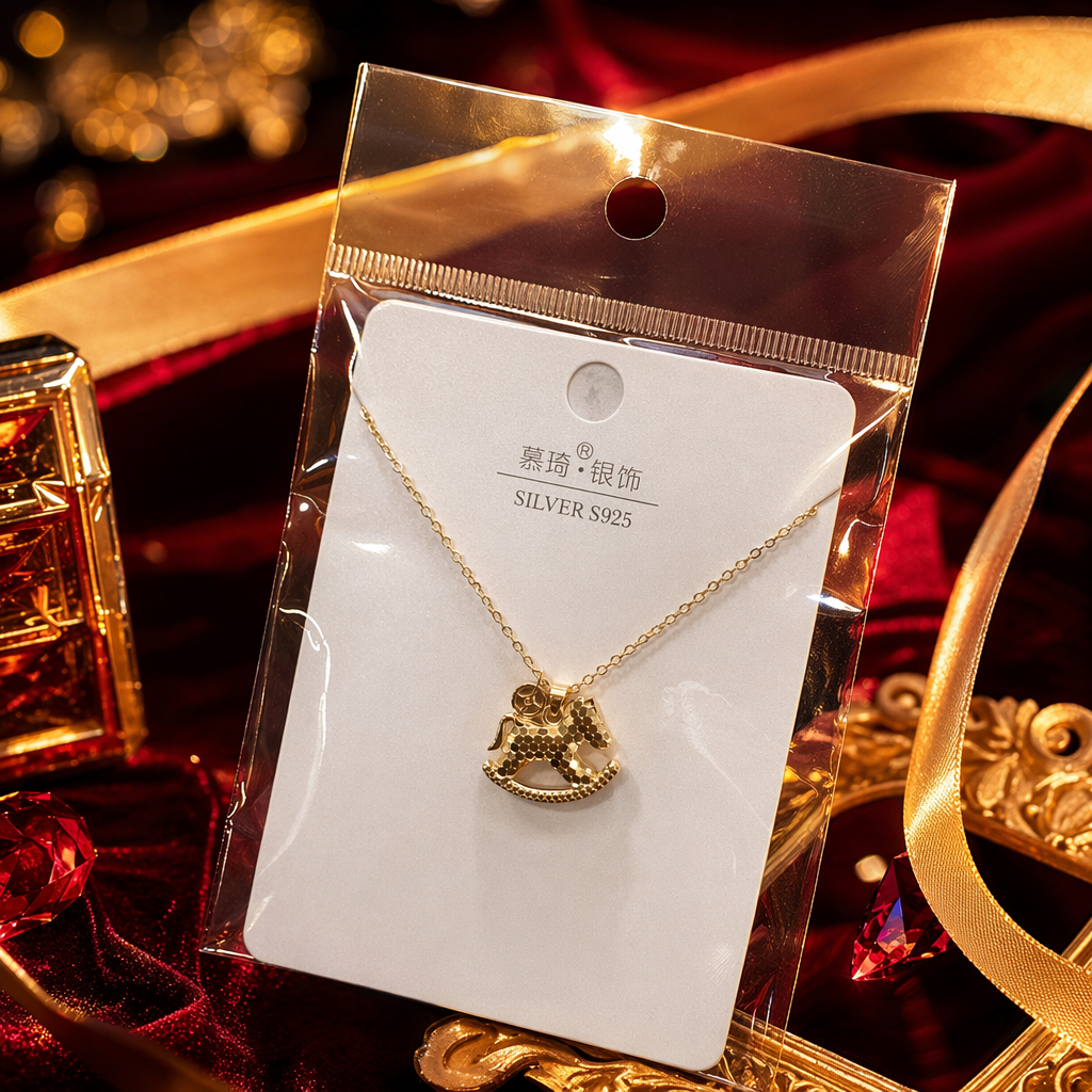 The golden rocking wooden horse pendant necklace is a fashionable, retro and light luxury accessory for girls Specification image