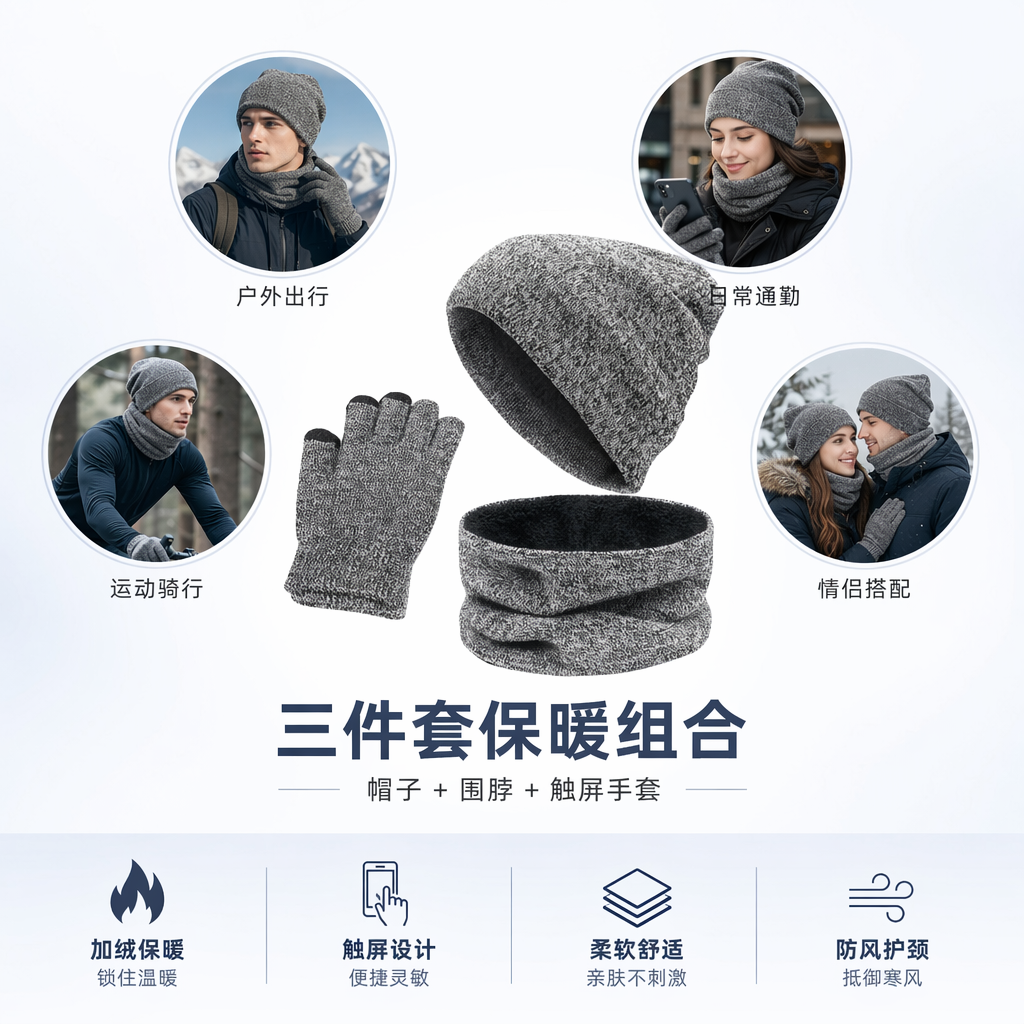 灰色毛线帽围巾手套三件套保暖针织冬季配饰图