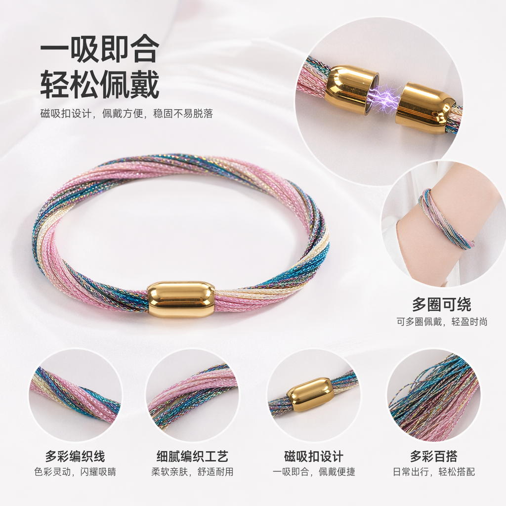 彩色编织绳手链 金色磁扣可调节简约时尚配饰