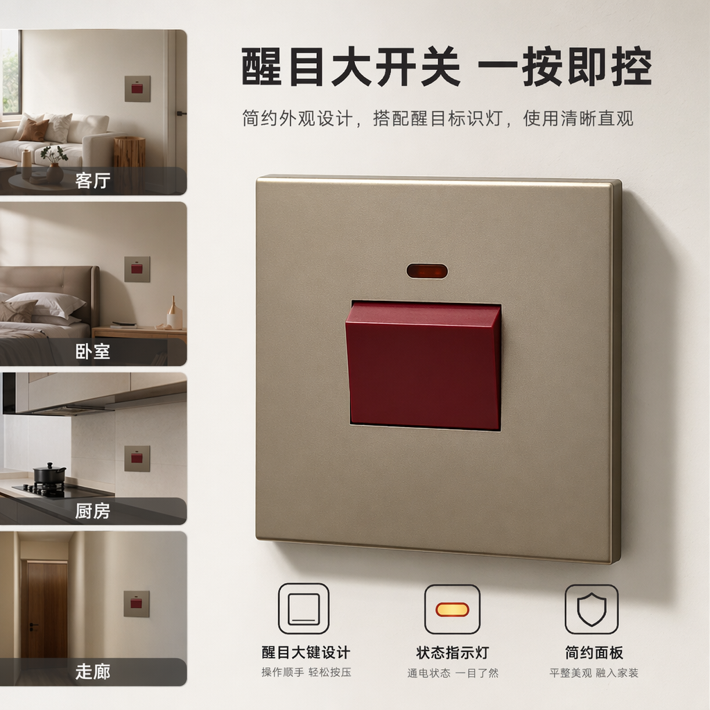 T6金色45A面板红色开关 家用墙壁开关 简约现代装饰 专供出口