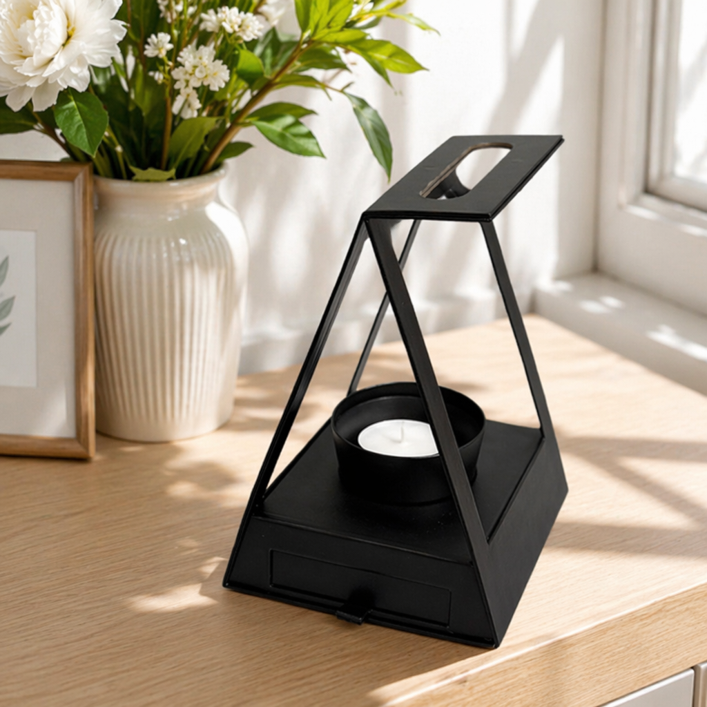 Black geometric-shaped display stand with a metallic texture, simple and modern home desktop storage stand details Picture