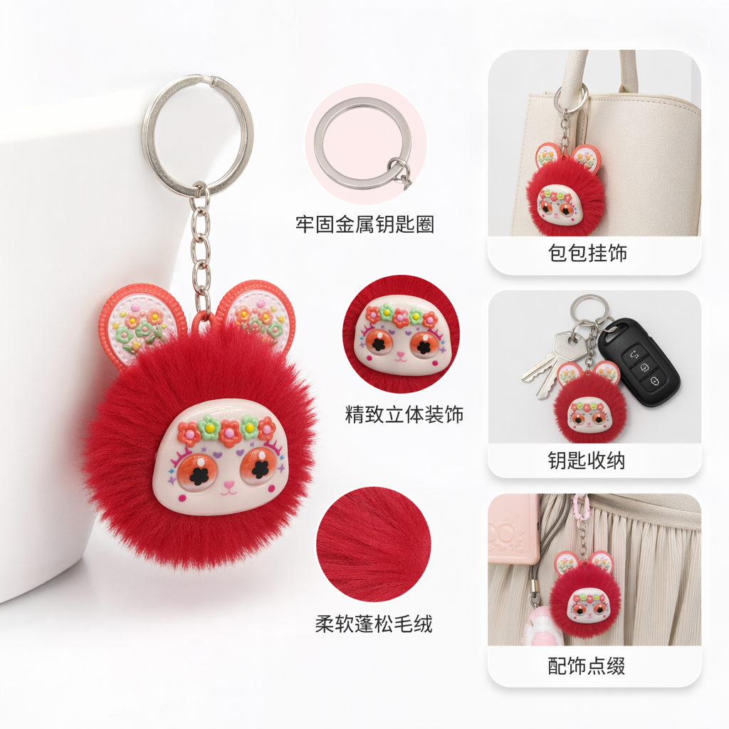 红色毛绒兔子钥匙扣可爱软萌挂件车载包包装饰