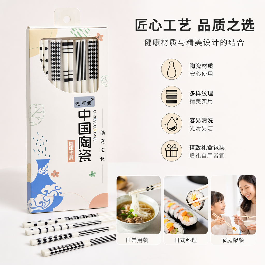 白色包装盒陶瓷筷子家用防滑简约餐具套装