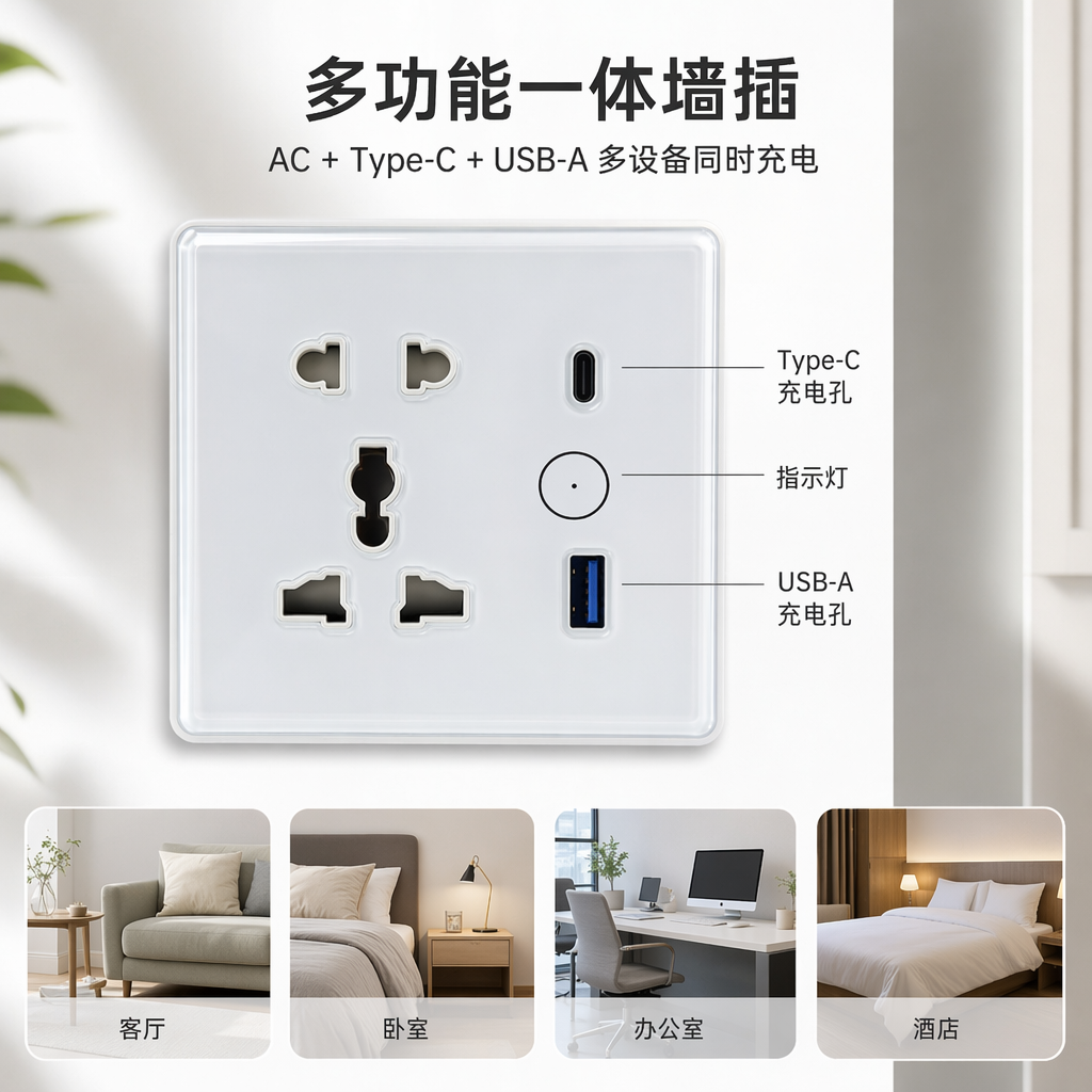 LINIER多功能5孔USB+C智能开关 家用墙壁插座 支持易微联，HomeKit， matter，米家等