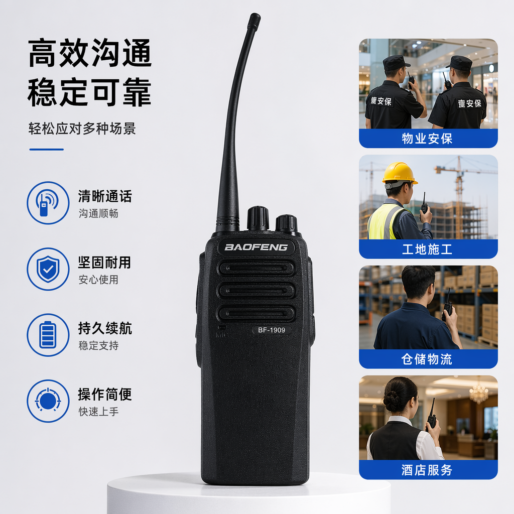 Baofeng BF-1909 black walkie-talkie with a metal body, specifically designed for long-distance dual-band communication and outdoor operations