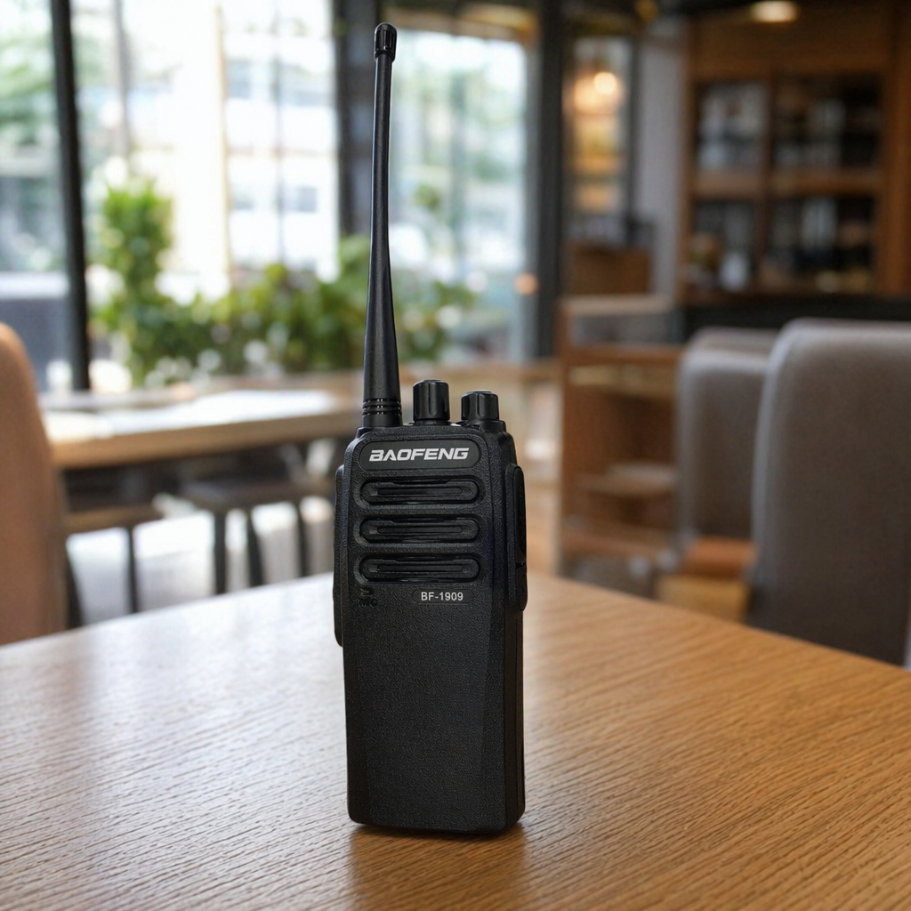 Baofeng BF-1909 black walkie-talkie with a metal body, specifically designed for long-distance dual-band communication and outdoor operations details Picture
