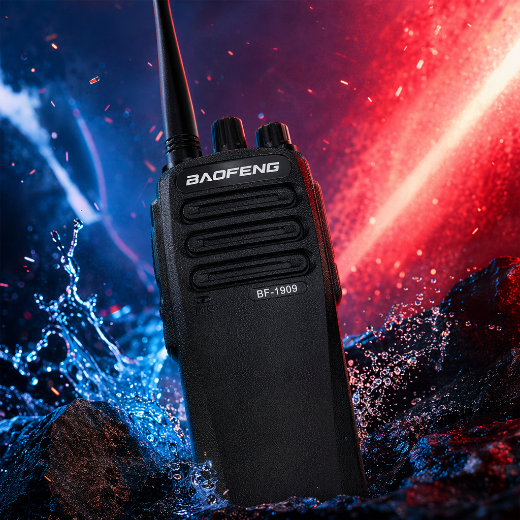 Baofeng BF-1909 black walkie-talkie with a metal body, specifically designed for long-distance dual-band communication and outdoor operations Specification image