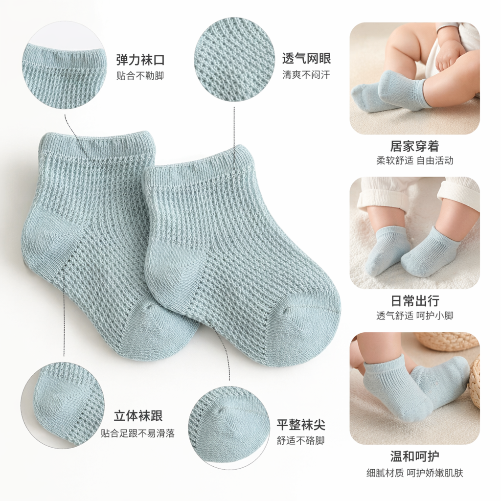 浅蓝色针织婴儿袜纯棉柔软防滑新生儿袜