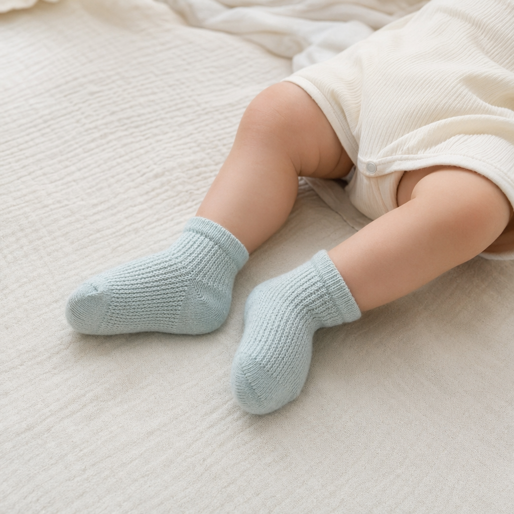 Light blue knitted baby socks, pure cotton soft and anti-slip newborn socks details Picture